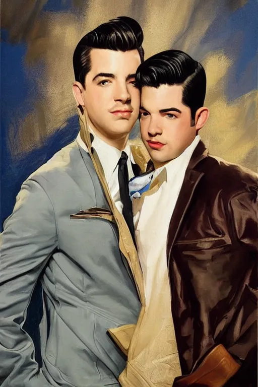 Image similar to drake bell and josh peck, painting by jc leyendecker!! phil hale!, angular, brush strokes, painterly, vintage, crisp