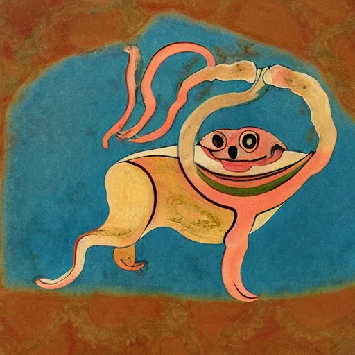 Prompt: greek vase painting depicting a dog squid hybrid monster.