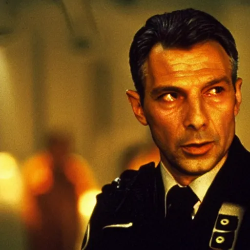 Image similar to film still blade runner with officer Deckard played by Viktor Orban