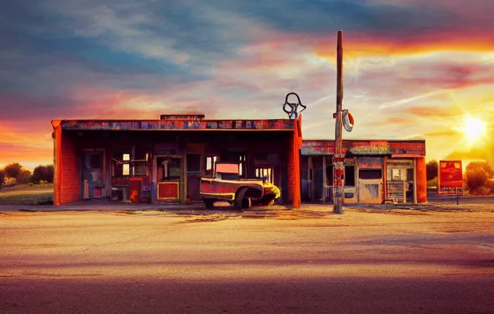 Image similar to a sunset light landscape with historical route 6 6, lots of sparkling details and sun ray ’ s, blinding backlight, smoke, volumetric lighting, colorful, octane, 3 5 mm, abandoned gas station, old rusty pickup - truck, beautiful epic colored reflections, very colorful heavenly, softlight