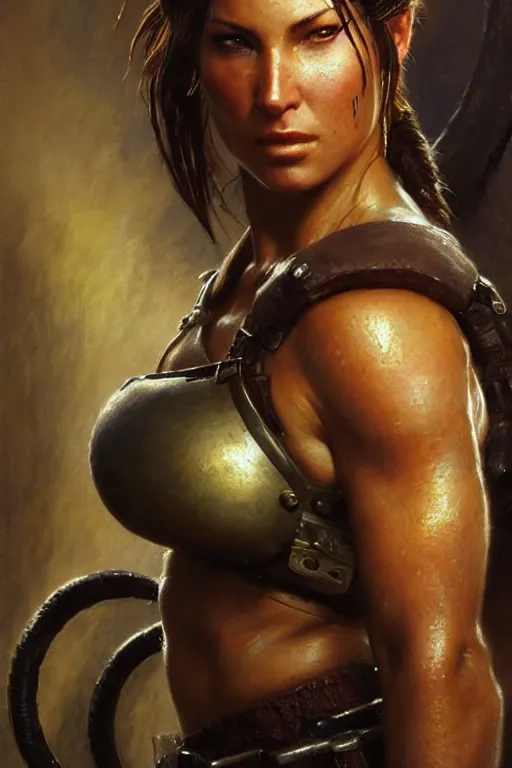 Prompt: muscular sweat lara croft wearing final fantasy armor, exhausted face close up, highly detailed painting by gaston bussiere, craig mullins, j. c. leyendecker 8 k