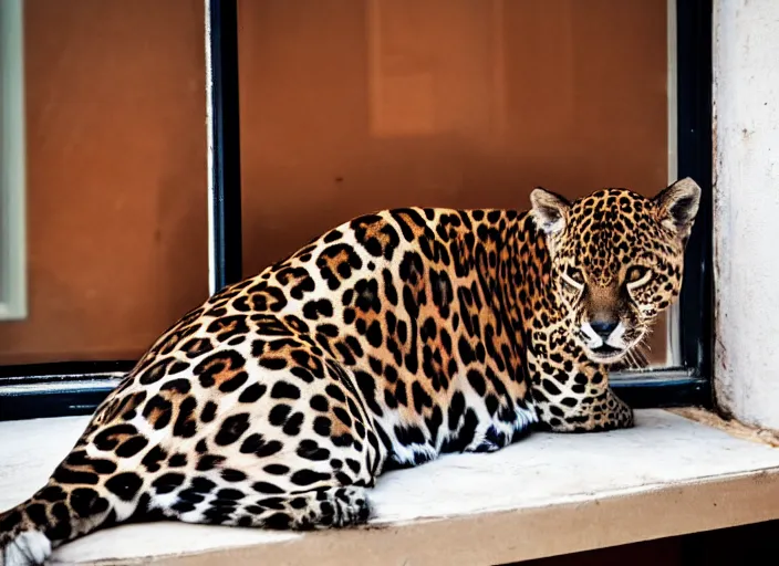 Image similar to photography of a Jaguar Cat . watching outside the window. on a bed. in a 70's room full of vinyls and posters, photorealistic, award winning photo, 100mm, sharp, high res