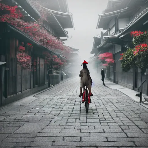 Image similar to anime girl riding bicycle in highly detailed kyoto street, studio ghibli style, by hayao miyazaki, sharp focus, desaturated, fog, highly detailed, 4k