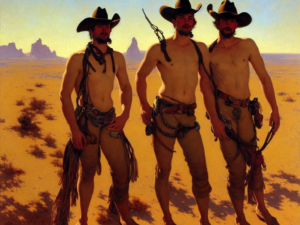 Prompt: a homoerotic painting of a pair of attractive shirtless gunslingers, they are in love, they are wearing bandoliers, cowboy hats, and fringed leather, twilight red desert mesa, natural lighting, path traced, highly detailed, high quality, digital painting, by gaston bussiere, craig mullins, alphonse mucha, j. c. leyendecker