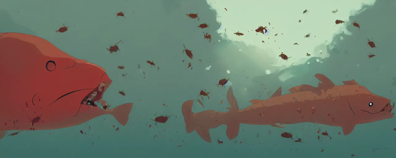 Image similar to piranhas swarming, blood in the water, atey ghailan, goro fujita, studio ghibli, rim light, terrifying, red tint, dark lighting, clear focus, very coherent