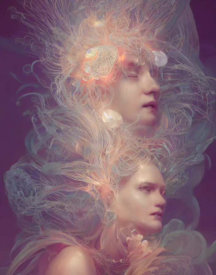 Image similar to goddess portrait. jellyfish phoenix head. intricate artwork by Tooth Wu and wlop and beeple. octane render, trending on artstation, greg rutkowski very coherent symmetrical artwork. cinematic, hyper realism, high detail, octane render, 8k