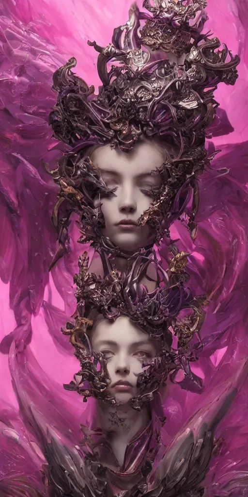 Image similar to female angel queen head wearing shiny pink crown, subtle purple accents, hyper details, black metal rococo, sculpted by Alex Alice, Craig Mullins, yoji shinkawa, trending on artstation, beautifully lit, Peter mohrbacher, hyper detailed, elite, elegant, luxury, ray of light through smoke, CGsociety, hypermaximalist, golden ratio, neofuture, volumetric, octane render, weta digital, micro details, 3d sculpture