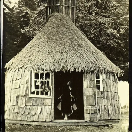 Prompt: A vintage photo of a witches hut with a witch standing on the Porch, 70s, vintage, old