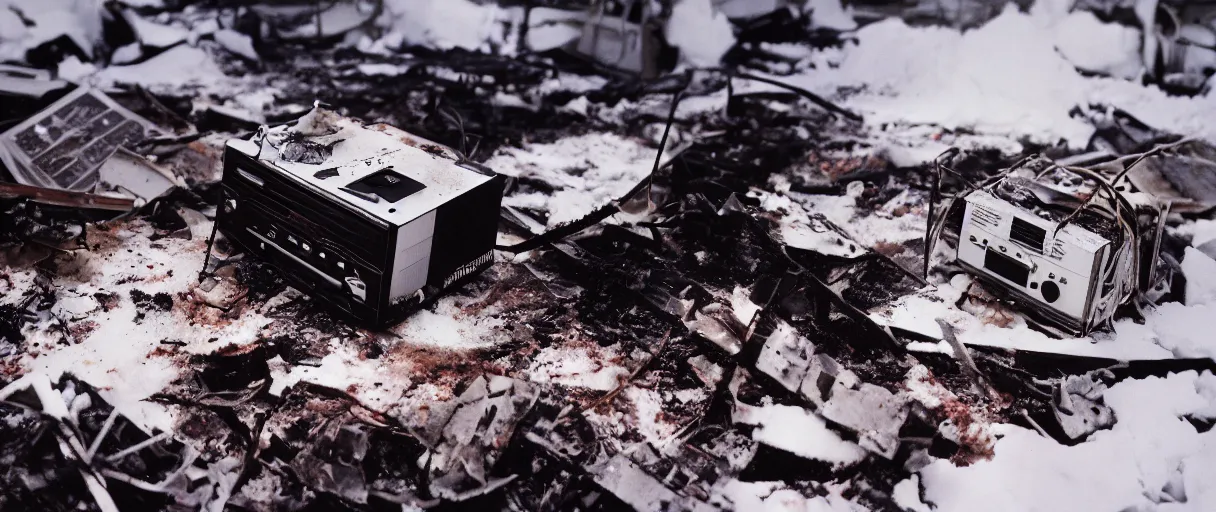 Prompt: filmic extreme closeup dutch angle movie still 4k UHD 35mm film color photograph of a texas instrument data tape player partly melted and burnt with smoke rising behind it, sitting among the rubble of a completely burned down structure in the snow in Antarctica at night