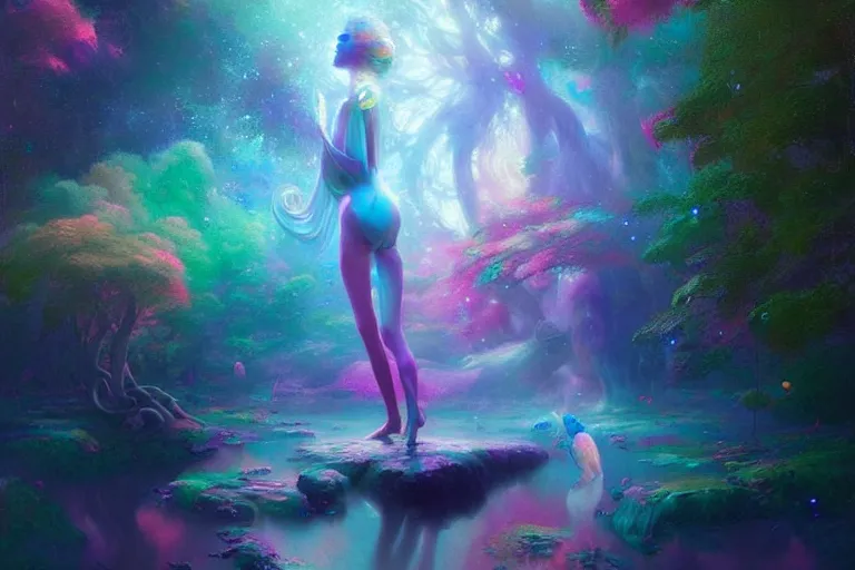 Prompt: a psychedelic realm hidden away in a pocket of ethereal understanding | astral beings sharing love greg rutkowski wlop lisa frank bob ross | ruan jia | illustration