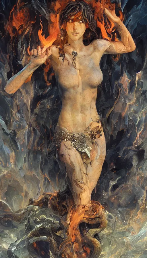 Prompt: epic masterpiece goddess of fire, sweaty skin, hyperrealistic, octane render, cinematic, beautiful face and flawless skin, perfect hands, 5 fingers, by Edgar Maxence and Ross Tran and Michael Whelan, Legends of Runeterra