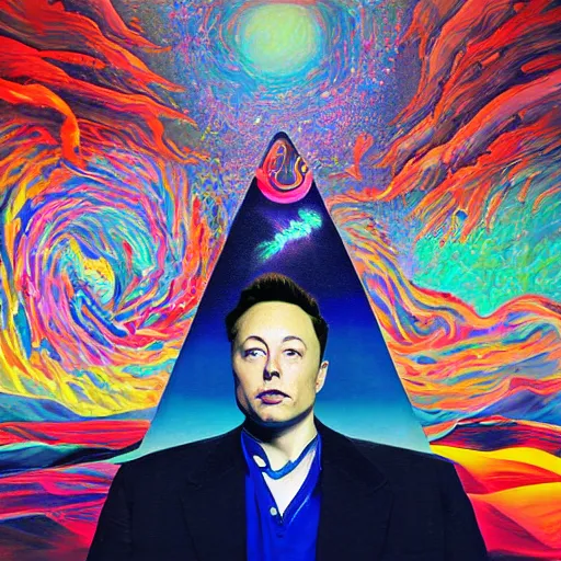 Prompt: surrealist portrait painting of elon musk's acid trip, album cover