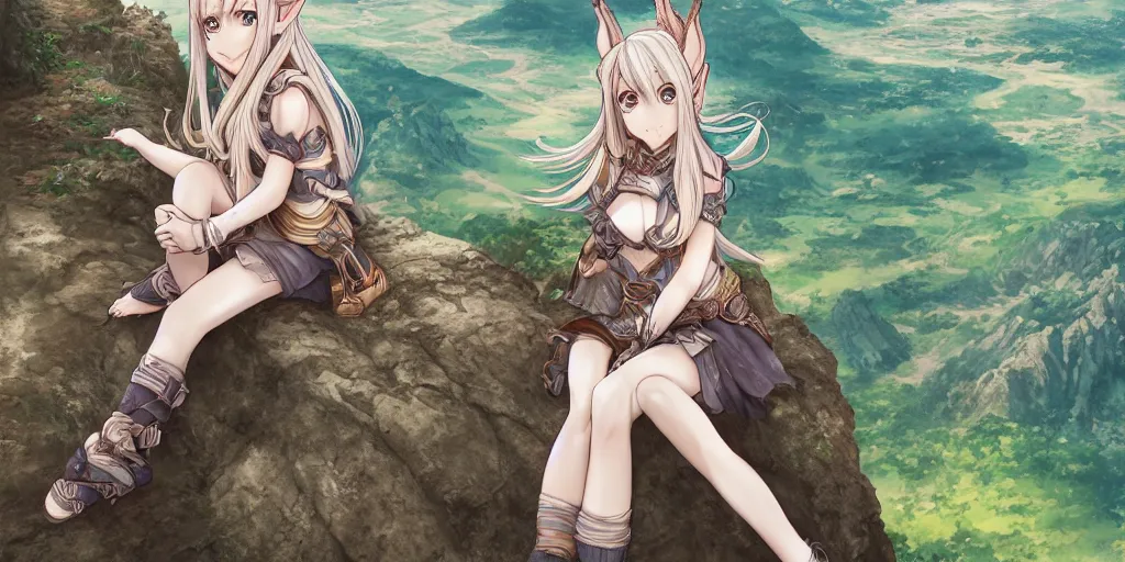 Image similar to alluring highly detailed manga line art wide-angle portrait of (1) a beautiful high-elf girl sitting on the edge of a cliff overlooking a fantasy valley, very detailed, realistic