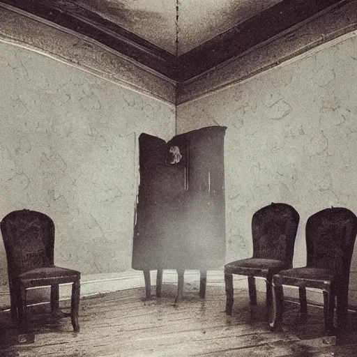 Image similar to picture of ghosts inside a creepy old house surrealism, surrealism album cover