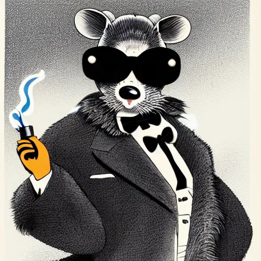 Prompt: an anthropomorphic gangster rat, by akihito yoshida, smoking a cigar, wearing sunglasses, wearing a luxury fur coat, night scene