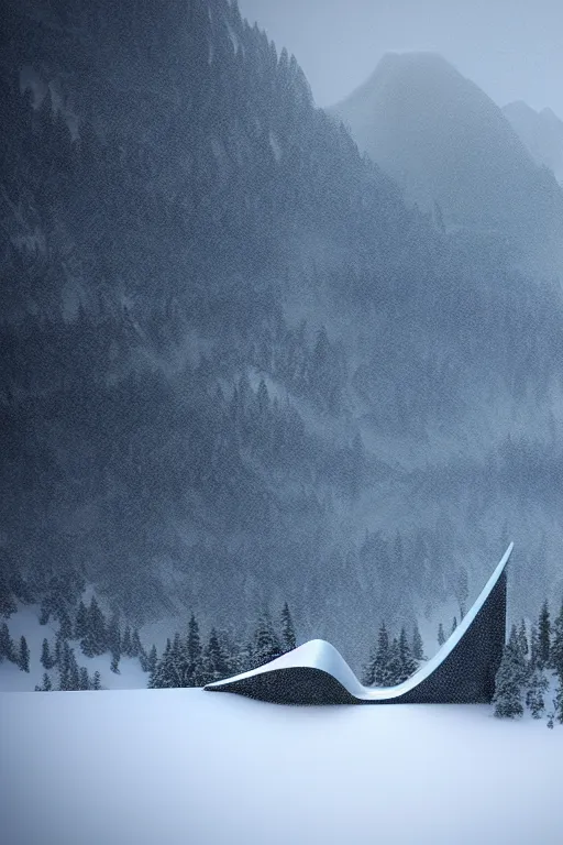 Image similar to a futuristic scene in front of a zaha hadid building in the forrest of the french alps in the style of chris moore, stormy moody weather, cinematic matte painting, extreme detail 8 k photo quality, pastel hues, snowfall, featured on behance