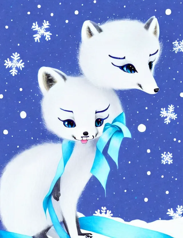 Prompt: a cute anthropomorphic arctic fox girl anthro wearing an indigo ribbon, winter park background, very anime!!! kawaii!! furry!! intricate details, aesthetically complementary colors, scenic background, art by rising artists with a radically new style. trending on artstation, top rated on pixiv and furaffinity