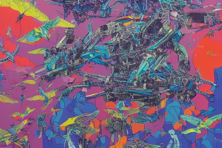 Image similar to risograph, gigantic mecha arzach birds with dragonflies, tiny rats, a lot of exotic animals around, big human faces everywhere, helicopters and tremendous birds, by satoshi kon and moebius, matte summer blue colors, surreal psychedelic design, crispy, super - detailed, a lot of tiny details, 4 k, fullshot