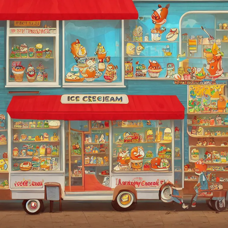 Prompt: ICE CREAM SHOP by richard scarry, HD, trending on artstation