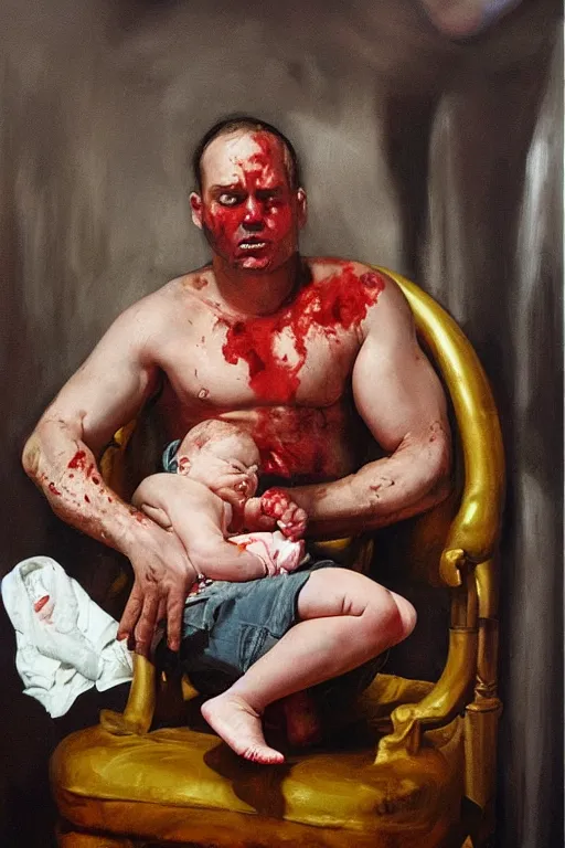 Prompt: hyper realistic oil painting of a handsome man sitting in a gilded chair with tubes coming out of his arm, getting a blood transfusion from a baby in the background. dark. masterpiece