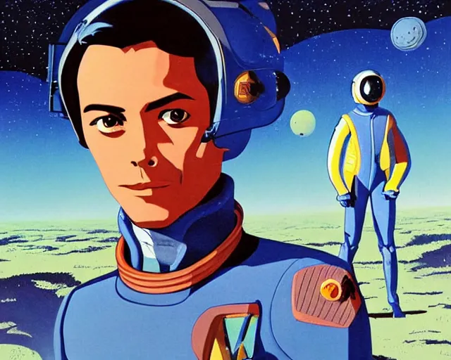 Image similar to a portrait of Alain Delon pilot in spacesuit posing on field forrest spaceship station landing laying lake artillery outer worlds shadows in FANTASTIC PLANET La planète sauvage animation by René Laloux