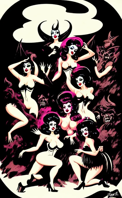 Image similar to witches sabbath, burlesque psychobilly, rockabilly, punk, white background, vector art, illustration by frank frazetta