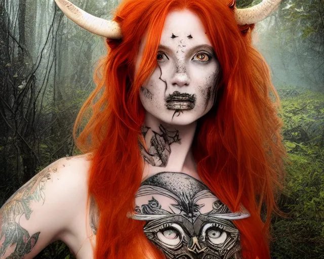 Image similar to 5 5 mm portrait photo of an armored gorgeous anesthetic redhead woman warrior with a face tattoo and horns growing from her head, and owl sitting on her shoulder in a magical forest in the style of stefan kostic, art by luis royo. highly detailed 8 k. intricate. lifelike. soft light. nikon d 8 5 0. cinematic post - processing