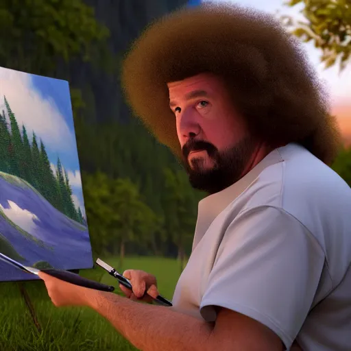 Prompt: a closeup photorealistic photograph of bob ross crafting an image of kenny powers autographing a baseball, painting on a canvas. mountains and trees. film still. brightly lit scene. this 4 k hd image is trending on artstation, featured on behance, well - rendered, extra crisp, features intricate detail, epic composition and the style of unreal engine.