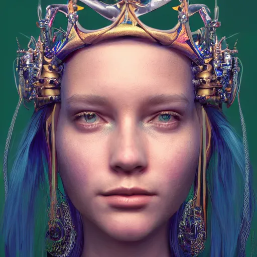 Image similar to a portrait of a chill cyberpunk princess wearing a crown, hyperdetailed, digital painting, trending on Artstation, CG society, hyperdetailed, digital painting, hypermaximalist, golden ratio, volumetric, octane render, weta digital, micro details, 3d sculpture