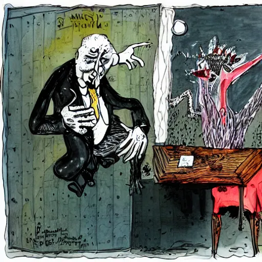 Image similar to faustian bargain, art by ralph steadman