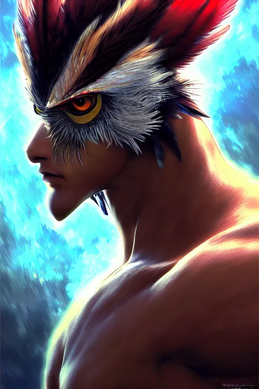 Image similar to Tekken 4 fighter anime Stunning Portrait Robot Owl with feathers, versus Kazuya Mishima, digital painting, artstation, concept art, soft light, hdri, smooth, sharp focus, illustration, art by tian zi, craig mullins, Mark Arian, WLOP, alphonse mucha