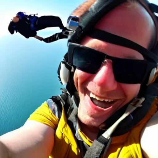 Prompt: a selfie while falling out of a plane without a parachute