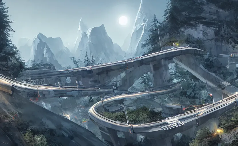 Prompt: A highway interchange above a white marble cathedral, portal 2 screenshot, satisfactory screenshot, outer wilds screenshot, digital art, artstationhq, Jordan Grimmer and Victor Mosquera