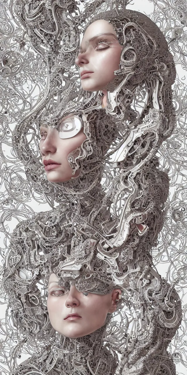 Prompt: seamless pattern of portraits of an absurdly beautiful, graceful, sophisticated, fashionable cyberpunk mechanoid, hyperdetailed illustration by irakli nadar and vania zouravliov, matt wisniewski style, intricate linework, white porcelain skin, faberge, coral headdress, unreal engine 5 highly rendered, global illumination, radiant light, detailed and intricate environment