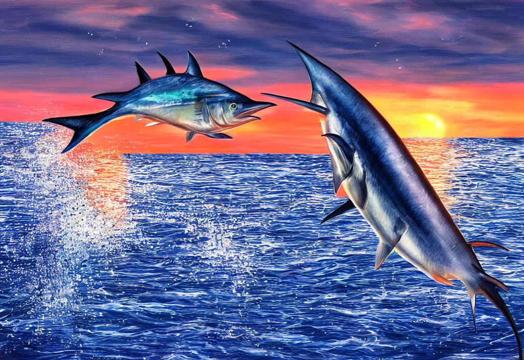 Image similar to detailed blue marlin jumping in front of sunset, dusk, calm seas, digital painting, smooth, sharp detail, cinematic, 4 k ultra hd