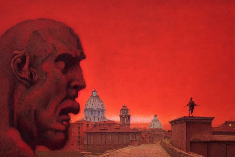 Image similar to only with red, caesar after war, the great deal, a red tiger, in hoc signo vinces, rome in background, an ancient path, in the style of beksinski, part by hopper, part by rodcenko, part by hofbauer, intricate composition, red by caravaggio, insanely quality, highly detailed, masterpiece, red light, artstation