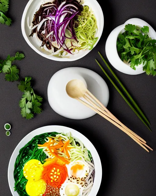 Image similar to realistic photo of delicious bimbimbap, bowl, white kitchen table, cloth, onion, greenery, marble, highly detailed, by louise lister, sara ali, mary devinat, kailee mandel, masterpiece, award winning, food photography