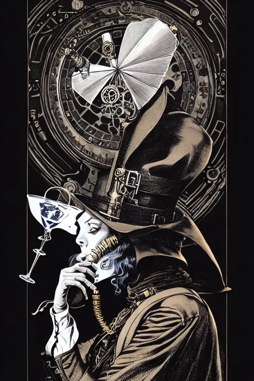 Image similar to side view of a majestic steampunk alchemist wizard holding a martini, high details, bold line art, by vincent di fate and joe fenton, inking, etching, screen print, masterpiece, trending on artstation, sharp, high contrast, hyper - detailed,, hd, 4 k, 8 k