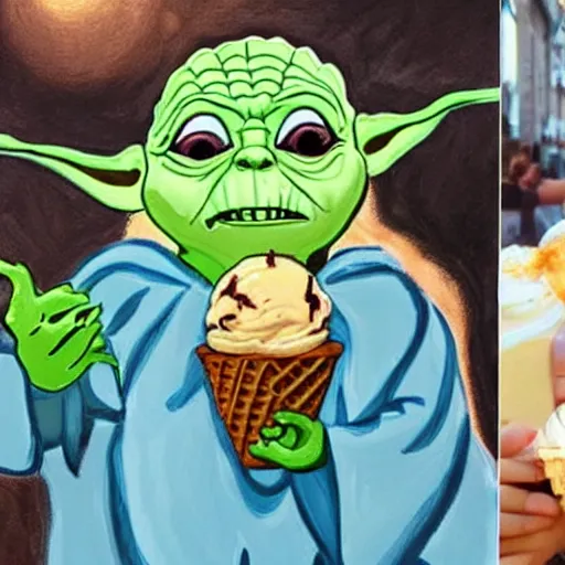 Prompt: a ghost eating ice-cream with yoda