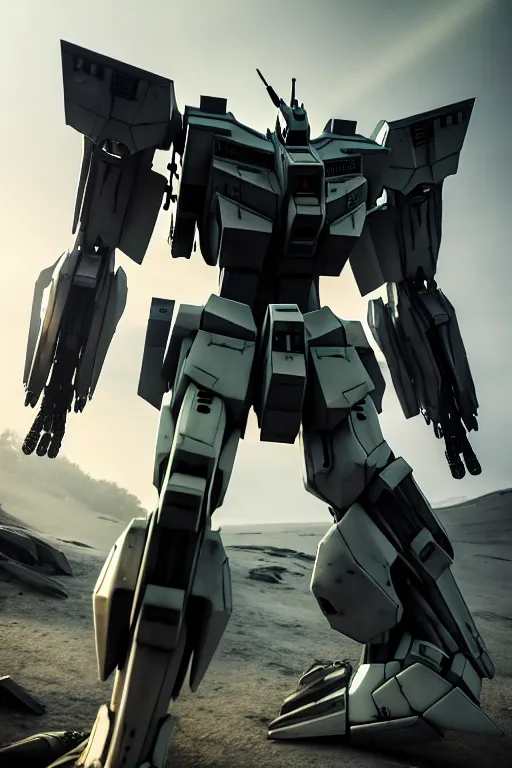 Image similar to hyper detailed 8 k cinematic still, rendering with volumetric lightning and ray tracing, show case of a skinny full body aggressive armored core gundam from movie, weathering armor plating, decipticon armor plating, aggressive head, endoekeleton exposure