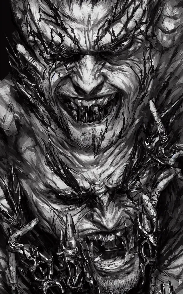 Image similar to a detailed digital art of an intimidating man with nails in two of its eyes and intricate tattoos around the eyes, wide evil grin on the face, by yoji shinkawa, jeszika le vye, mandy jurgens, trending on artstation