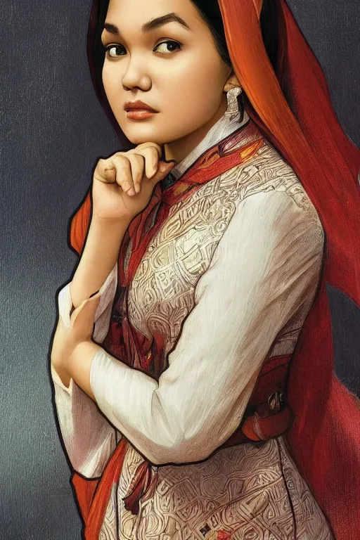 Prompt: portrait of young siti nurhaliza as a lawyer, highly detailed, digital painting, artstation, concept art, sharp focus, illustration, art by kittichai rueangchaichan and james gurney and alphonse mucha