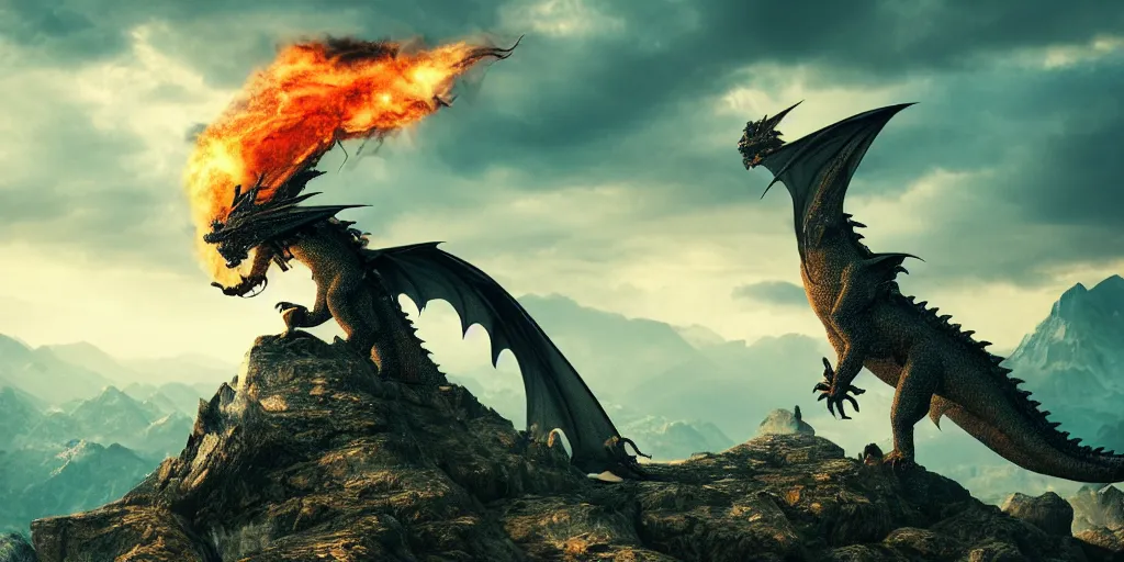 Image similar to a dragon breathing fire on the top of a mountain, epic composition, detailed and intricate image, cinematic, 4 k