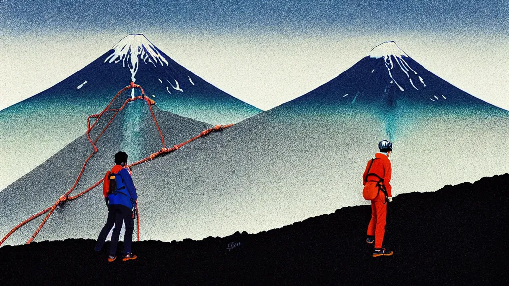 Image similar to climber at the base of mount fuji, japan, a collage painting, in the style of wes anderson, lola dupre, david hockney, isolated on negative white space background dark monochrome neon spraypaint accents volumetric octane render