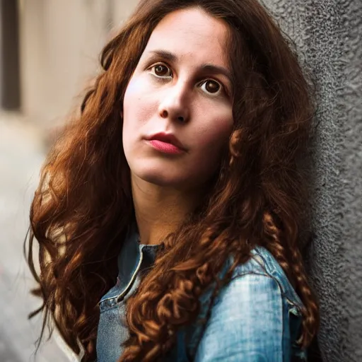 Image similar to color portrait Mid-shot of an beautiful 30-year-old woman with brown hair, street portrait in the style of Martin Schoeller award winning