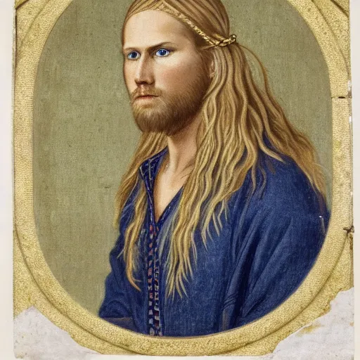 Prompt: portrait of a young slender blond norse man with long hair in a braid, blue eyes, wearing a blue tunic with gold tablet - woven trim