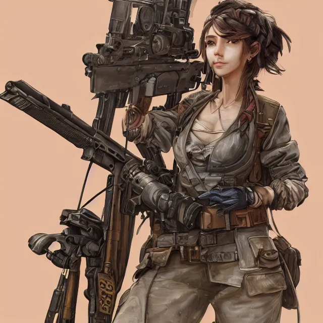 Prompt: the portrait of lawful neutral semi - colorful female infantry sniper as absurdly beautiful, gorgeous, elegant, young woman looking up, an ultrafine hyperdetailed illustration by kim jung gi, irakli nadar, intricate linework, bright colors, octopath traveler, final fantasy, unreal engine 5 highly rendered, global illumination, radiant light, detailed and intricate environment