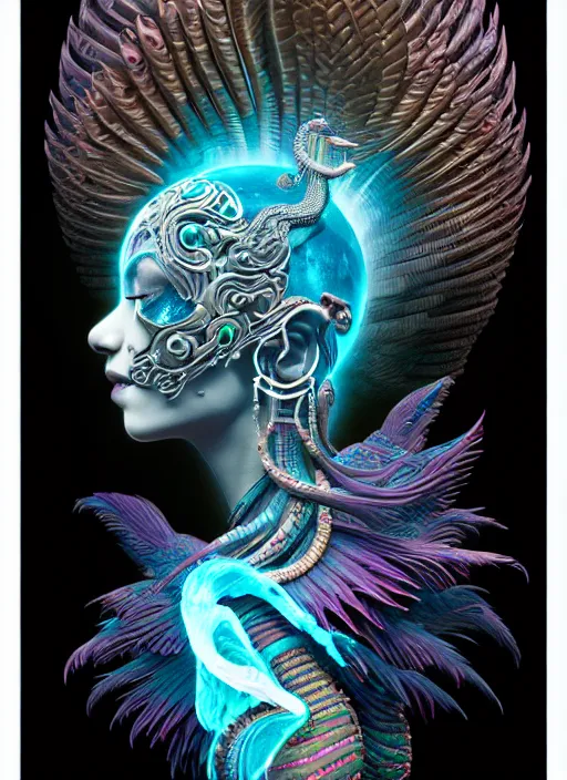 Image similar to 3 d goddess with tattoos profile portrait, sigma 5 0 0 mm f / 5. beautiful intricate highly detailed quetzalcoatl skull and feathers. bioluminescent, plasma, lava, ice, water, wind, creature, thunderstorm! artwork by tooth wu and wlop and beeple and greg rutkowski, 8 k trending on artstation,