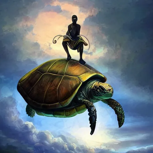 Image similar to kobe byrant riding on a turtle in heaven, amazing digital art, amazing detail, fantasy art, artstatiom, cgsociety, epic art