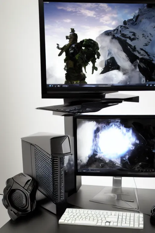 Prompt: computer with nvidia graphic card and white lite in black case with transparent window, white light, computer desk, monitor, dark time of day, the computer works and lights up